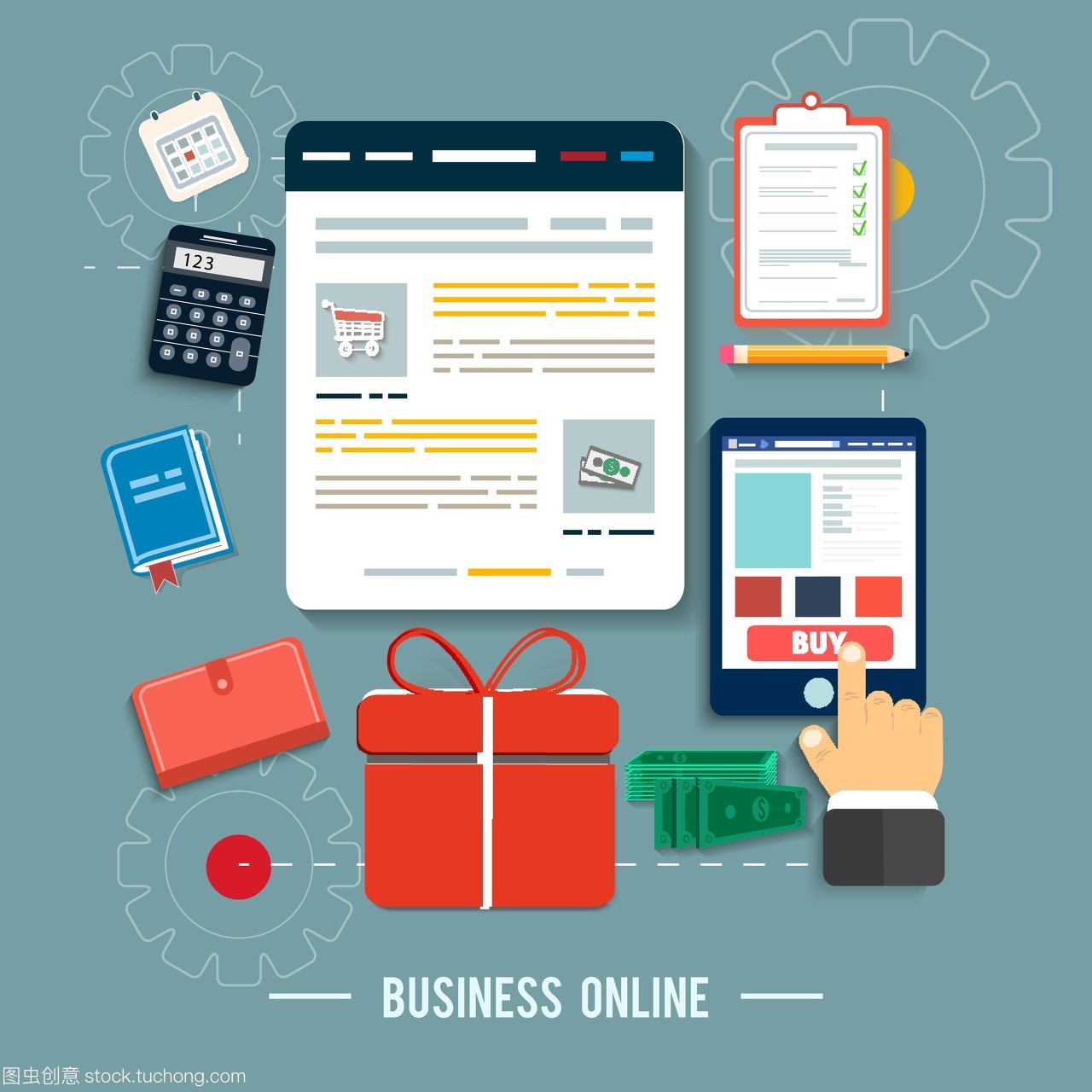 業務網絡圖標。在平面設計中通過網上商店和電子商務思想符號和購物元素購買產品圖標的海報概念